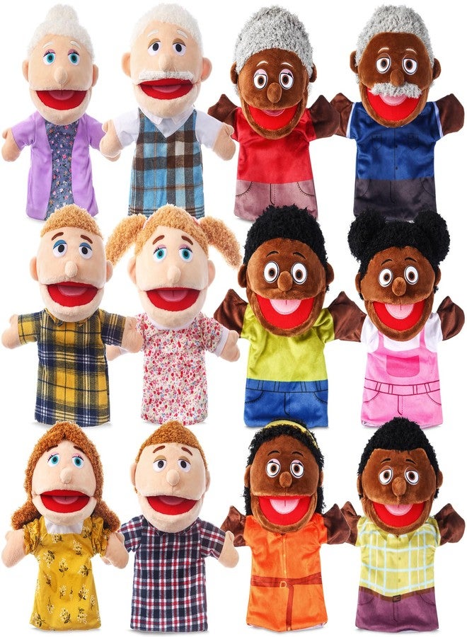 ZJoey 12 Pcs Family Hand Puppets 12 Inch Grandparents Mom Dad Brother Sister Plush Toys Role-Play Toy Puppets for Kids Storytelling Imaginative Pretend Play Teaching Preschool(Multicultural Family) - Image 1